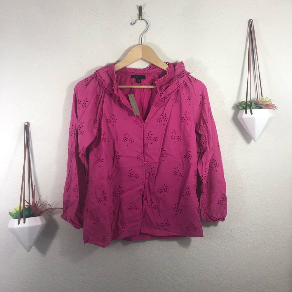 J. Crew Button-front eyelet lace long sleeve peasant top in pink NEW XXS